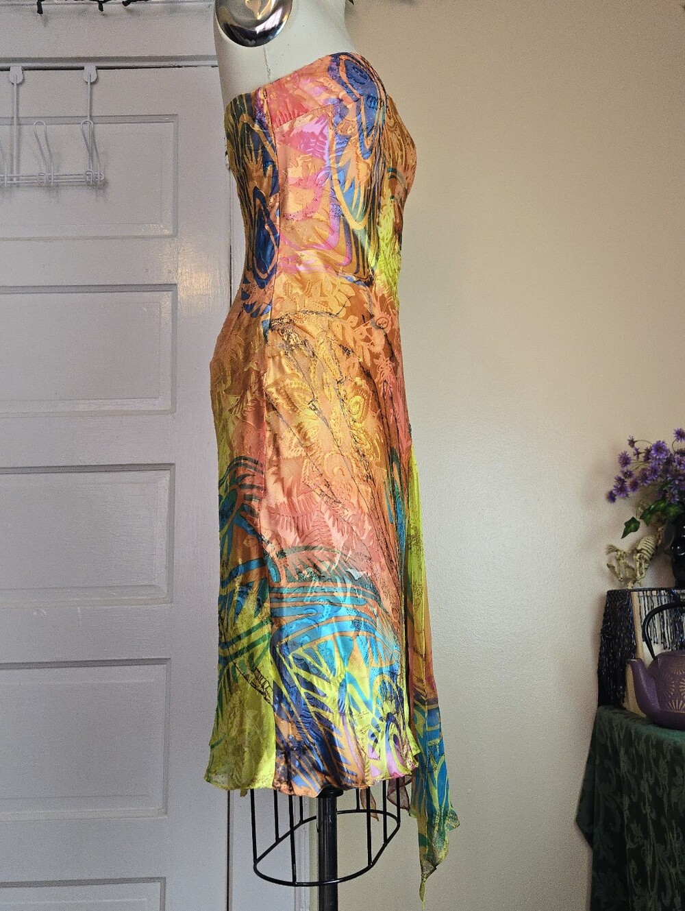 Diane Freis Silk Blend Y2K orange multicolor asymmetrical beaded midi dress - Picture 15 of 16